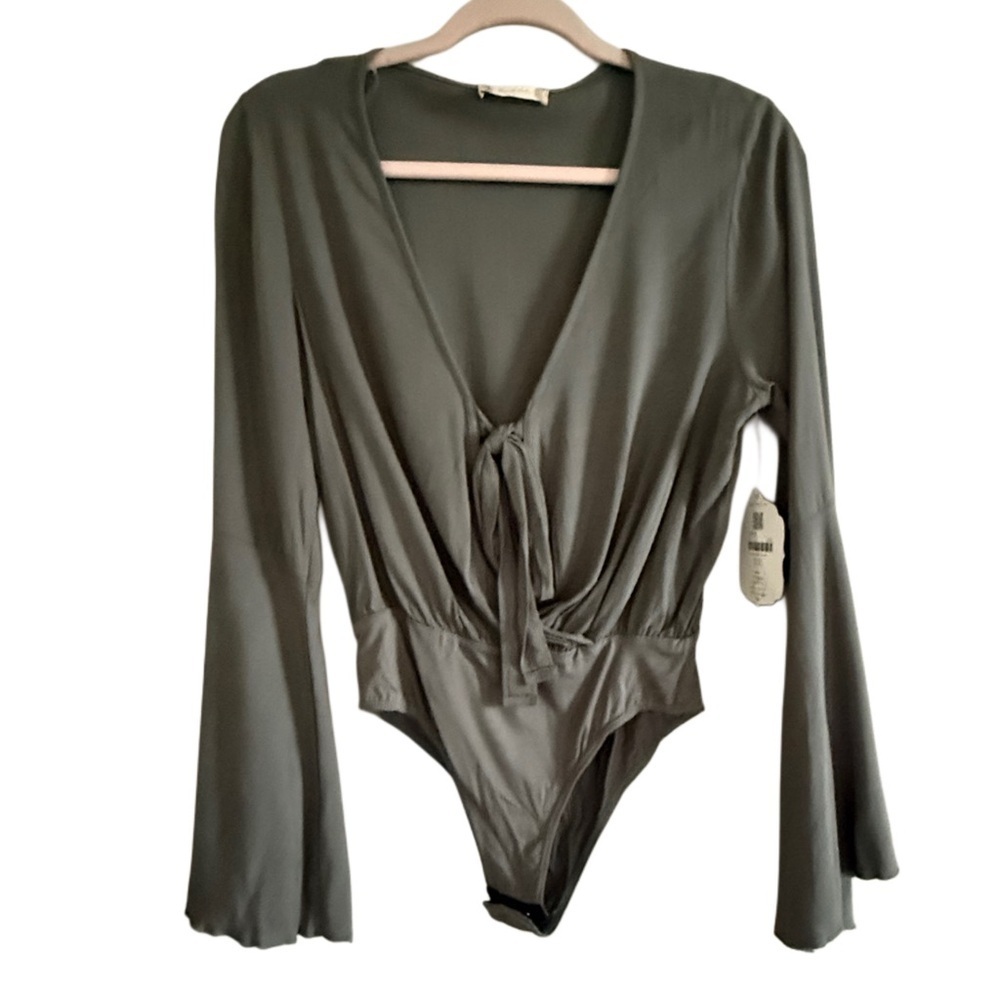 Altar'd State Olive Green Long Sleeve Tie-Front Bodysuit